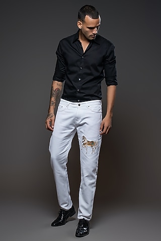 Off-White Denim Motifs Embroidered Jeans by Rohit Bal Men
