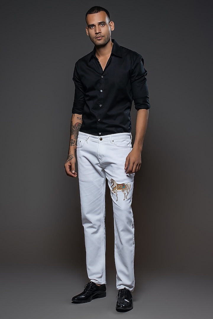 Off-White Denim Motifs Embroidered Jeans by Rohit Bal Men at Pernia's Pop Up Shop