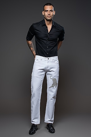 Off-White Denim Embroidered Jeans by Rohit Bal Men