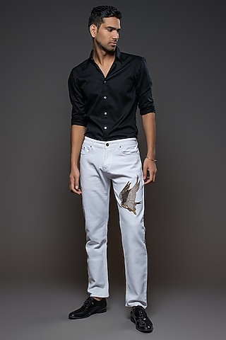 Off-White Denim Embroidered Jeans by Rohit Bal Men