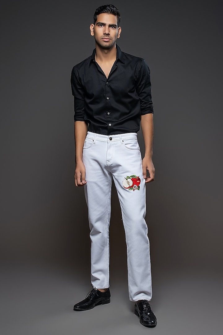 Off-White Denim Embroidered Jeans by Rohit Bal Men