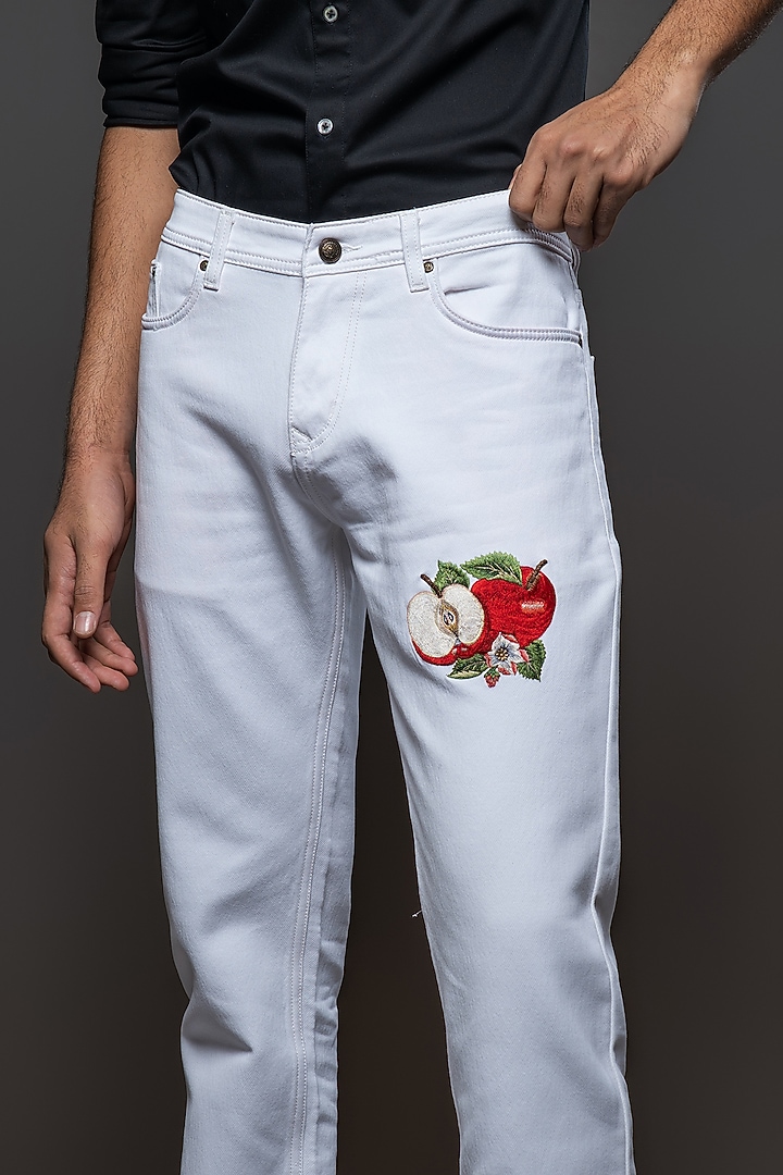 Off-White Denim Embroidered Jeans by Rohit Bal Men at Pernia's Pop Up Shop