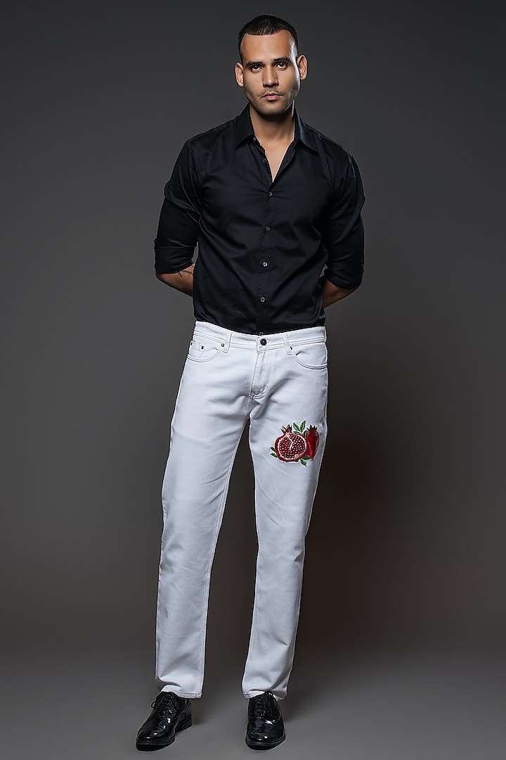 Off-White Denim Motifs Embroidered Jeans by Rohit Bal Men