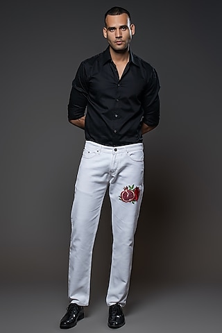Off-White Denim Motifs Embroidered Jeans by Rohit Bal Men