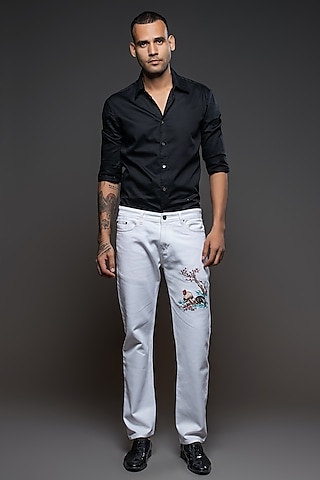 Off-White Denim Embroidered Jeans by Rohit Bal Men