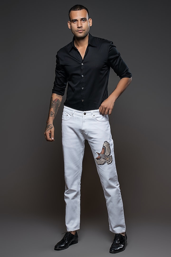 Off-White Denim Embroidered Jeans by Rohit Bal Men
