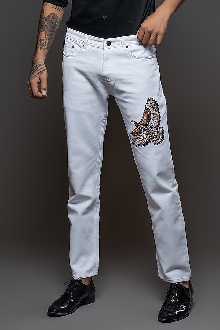 Off-White Denim Embroidered Jeans by Rohit Bal Men at Pernia's Pop Up Shop