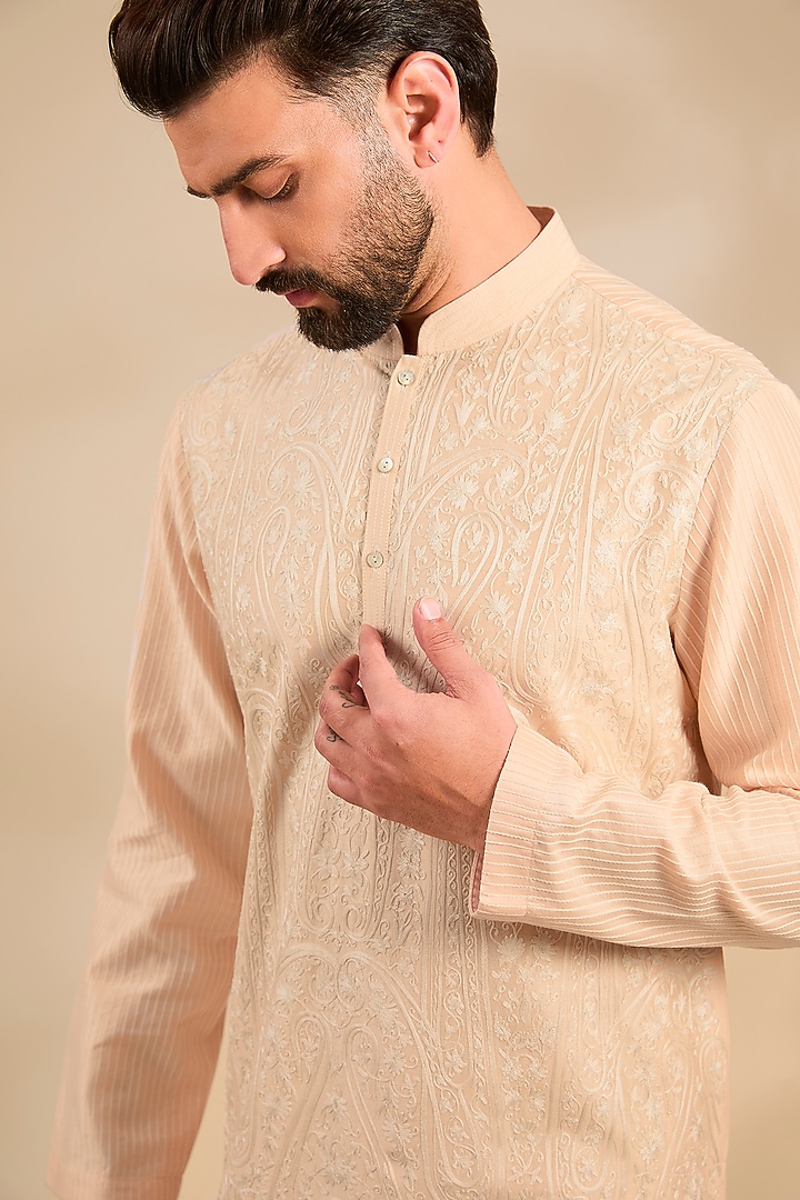Peach Chanderi Kurta Set by Rohit Bal Men at Pernia's Pop Up Shop