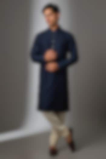 Navy Blue Chanderi Silk Kurta Set by Rohit Bal Men at Pernia's Pop Up Shop