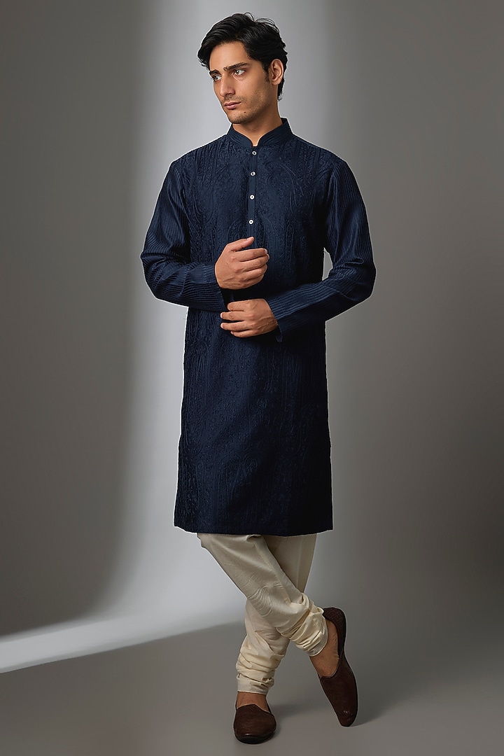 Navy Blue Chanderi Silk Kurta Set by Rohit Bal Men at Pernia's Pop Up Shop