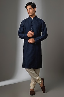 Navy Blue Chanderi Silk Kurta Set by Rohit Bal Men-POPULAR PRODUCTS AT STORE