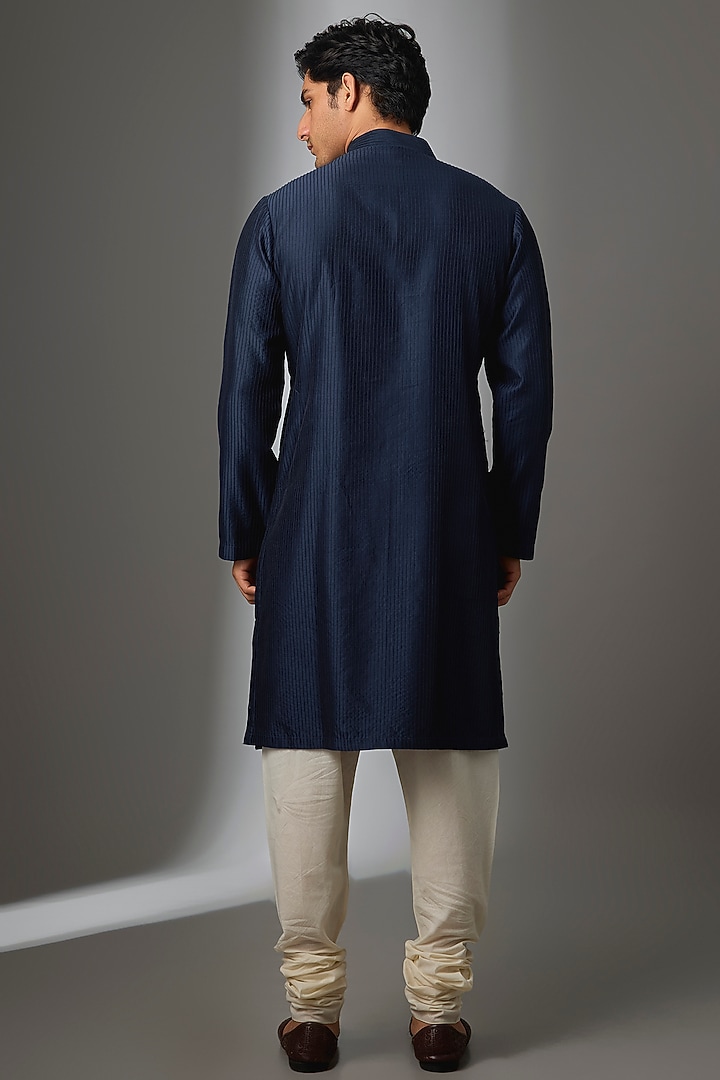 Navy Blue Chanderi Silk Kurta Set by Rohit Bal Men at Pernia's Pop Up Shop