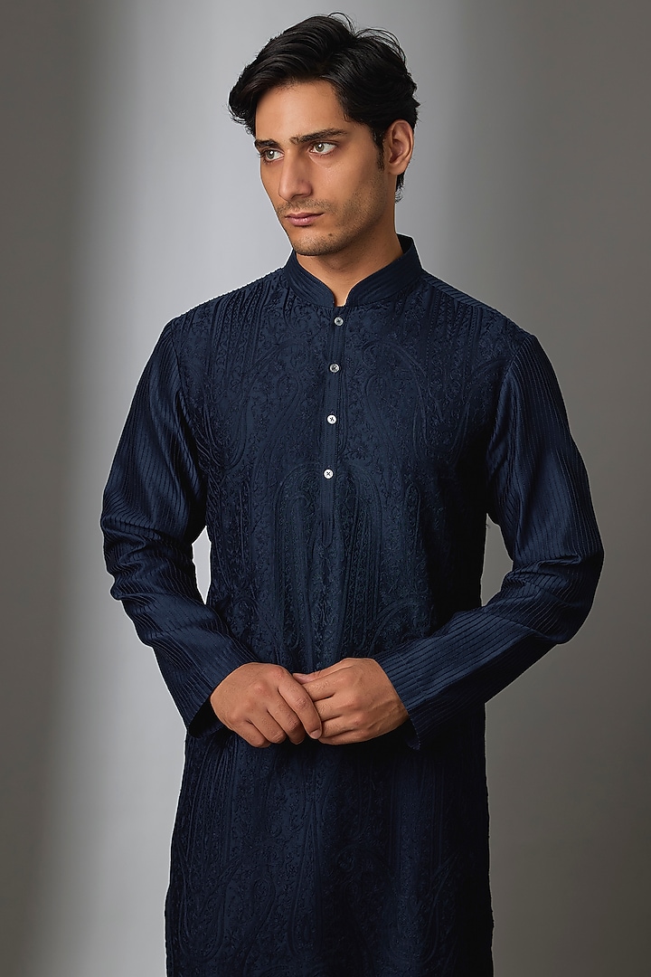 Navy Blue Chanderi Silk Kurta Set by Rohit Bal Men at Pernia's Pop Up Shop