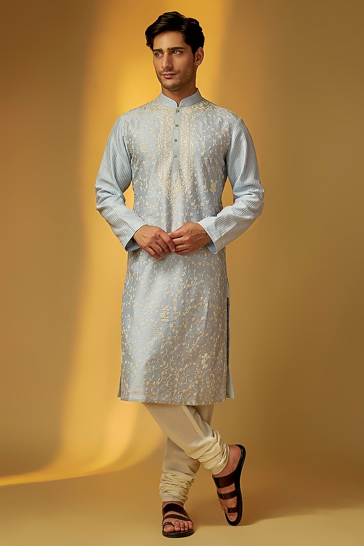 Sky Blue Chanderi Kurta Set by Rohit Bal Men at Pernia's Pop Up Shop
