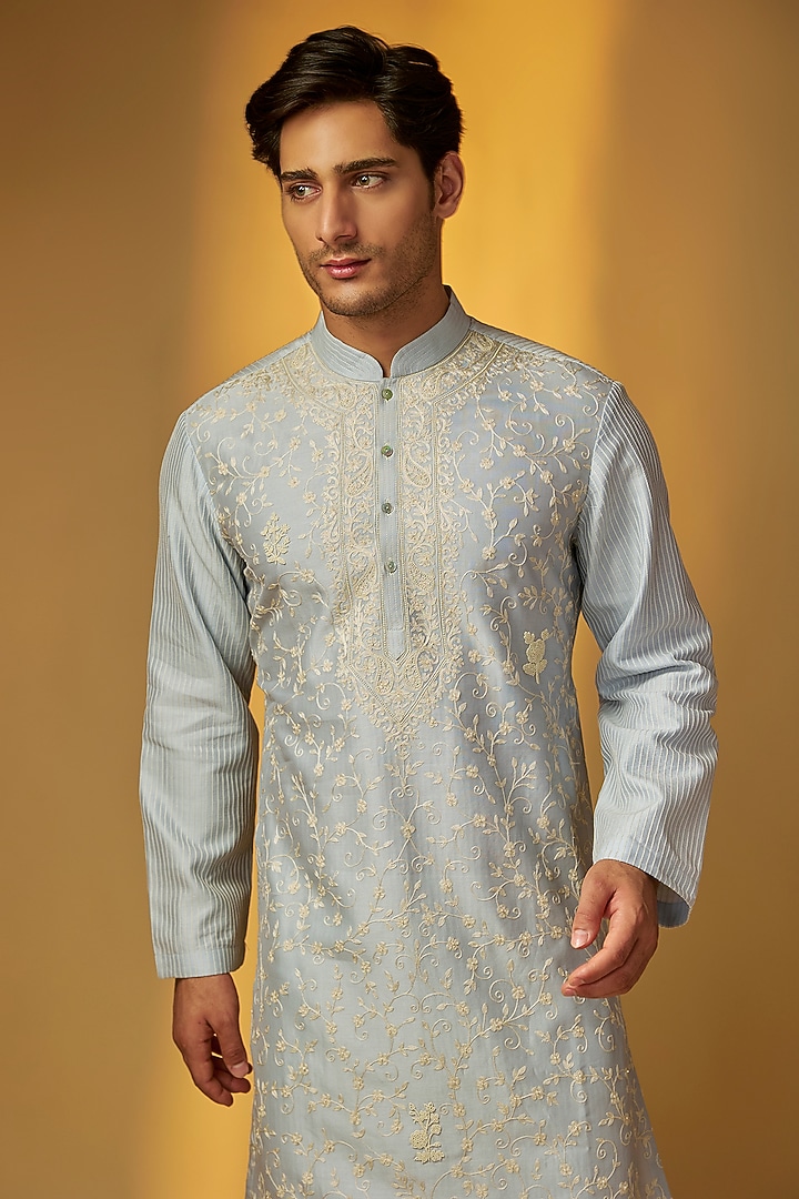 Sky Blue Chanderi Kurta Set by Rohit Bal Men at Pernia's Pop Up Shop