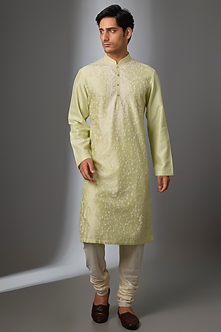 Mint Green Chanderi Silk Kurta Set by Rohit Bal Men