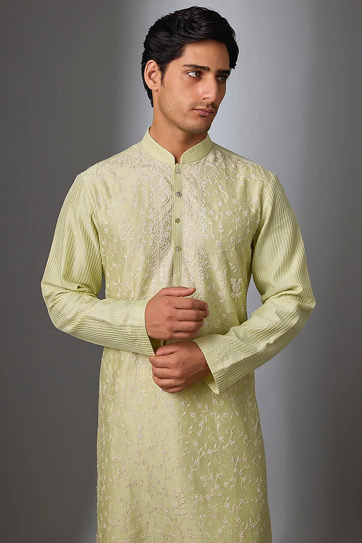 Mint Green Chanderi Silk Kurta Set by Rohit Bal Men at Pernia's Pop Up Shop