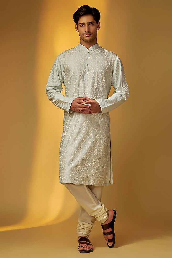 Blue Chanderi Kurta Set by Rohit Bal Men at Pernia's Pop Up Shop