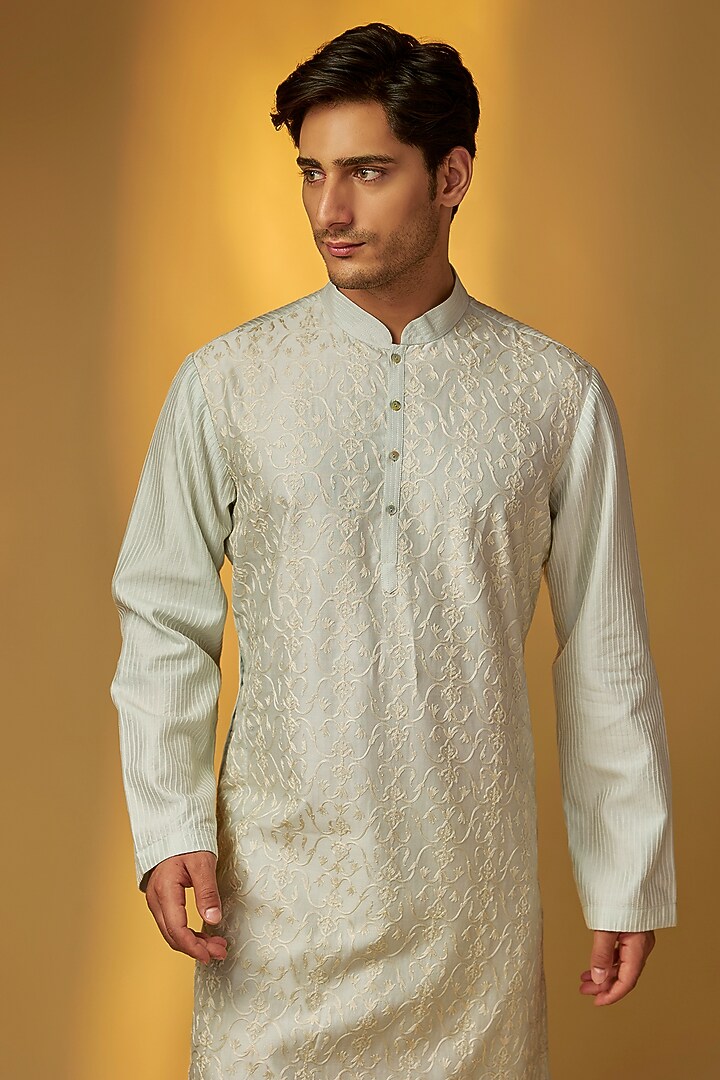 Blue Chanderi Kurta Set by Rohit Bal Men at Pernia's Pop Up Shop