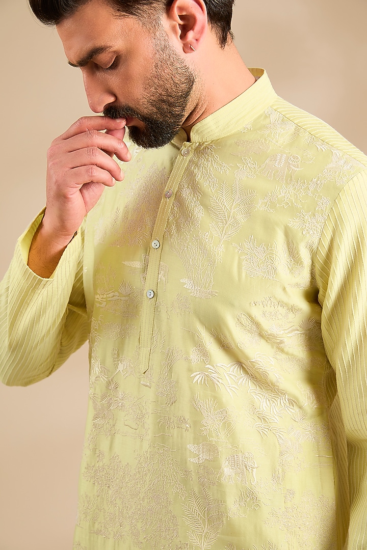 Yellow Chanderi Kurta Set by Rohit Bal Men at Pernia's Pop Up Shop