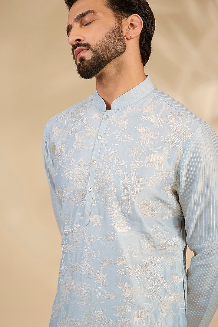 Sky Blue Chanderi Kurta Set by Rohit Bal Men at Pernia's Pop Up Shop