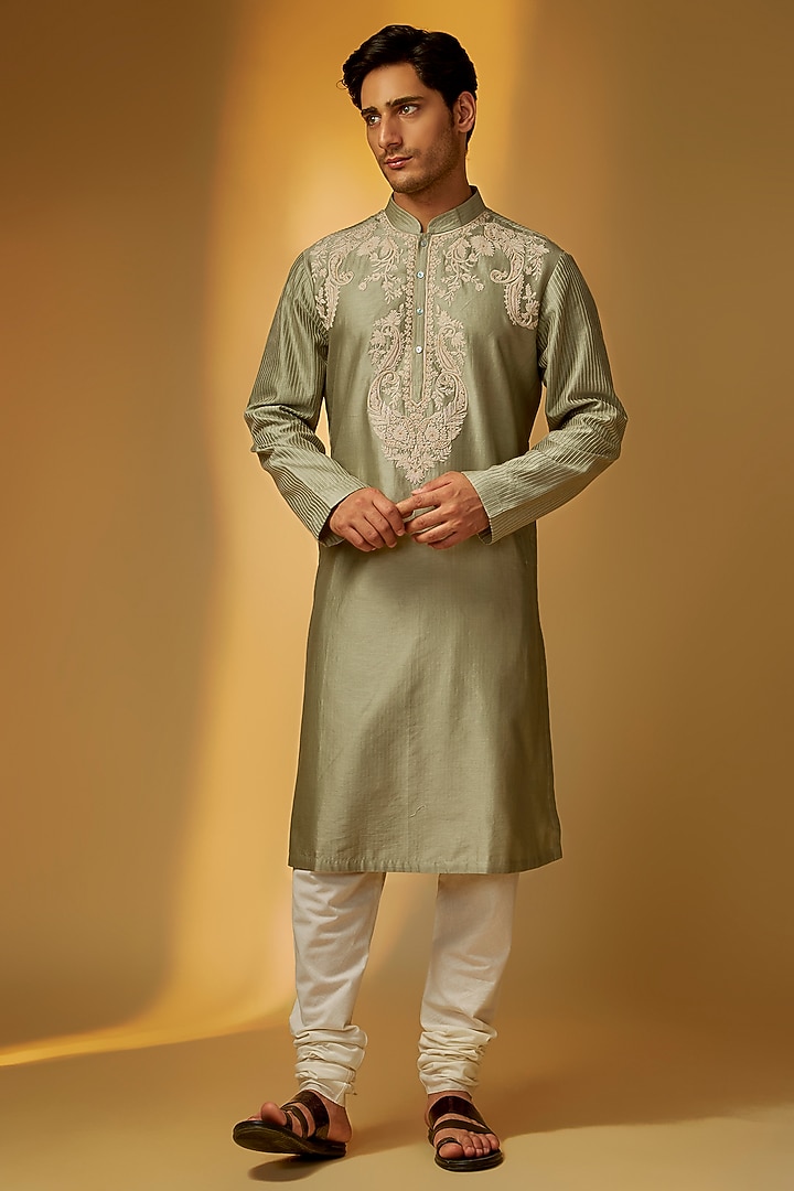 Sagre Green Chanderi Kurta Set by Rohit Bal Men at Pernia's Pop Up Shop