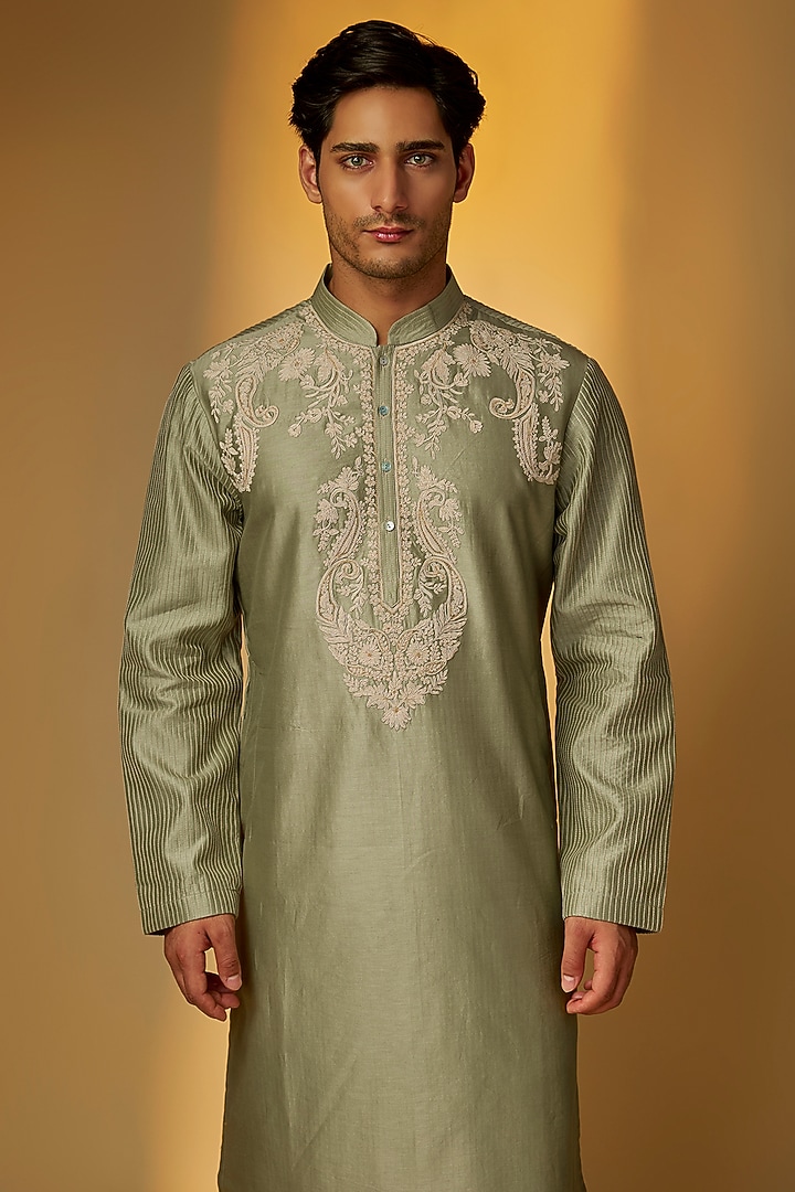 Sagre Green Chanderi Kurta Set by Rohit Bal Men at Pernia's Pop Up Shop