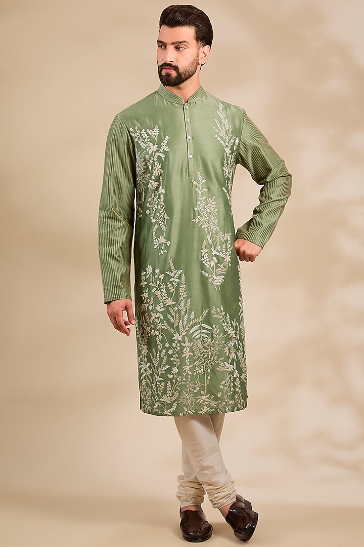 Sage Green Chanderi Embroidered Kurta Set by Rohit Bal Men at Pernia's Pop Up Shop