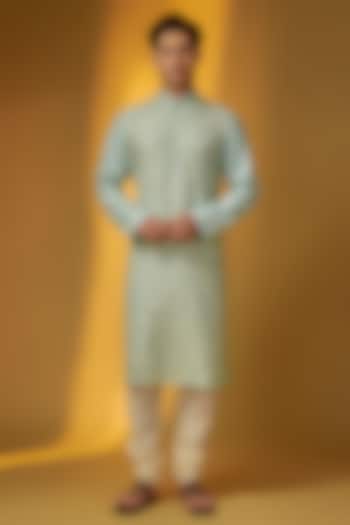 Light Teal Chanderi Kurta Set by Rohit Bal Men at Pernia's Pop Up Shop