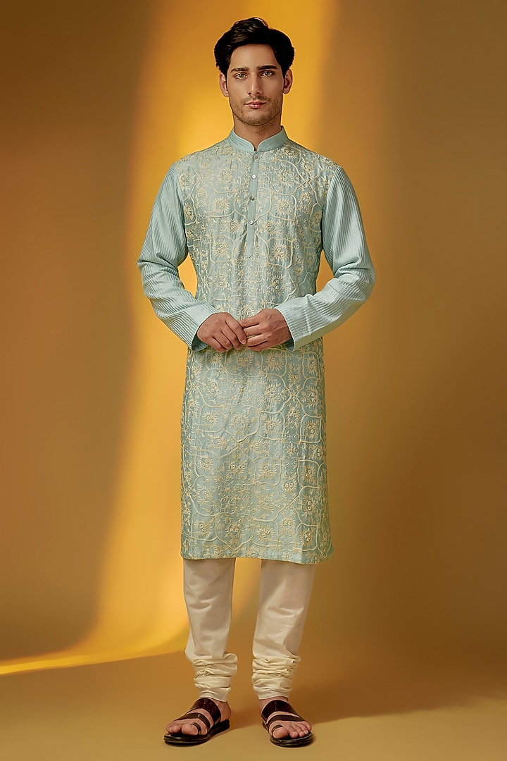 Light Teal Chanderi Kurta Set by Rohit Bal Men at Pernia's Pop Up Shop