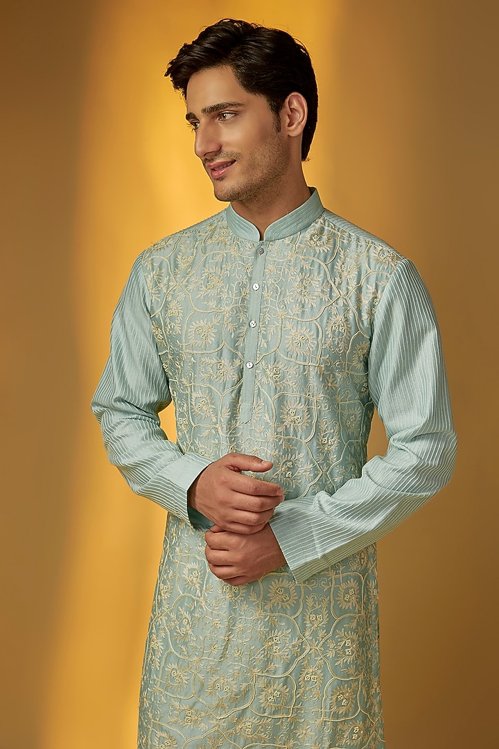 Light Teal Chanderi Kurta Set by Rohit Bal Men at Pernia's Pop Up Shop