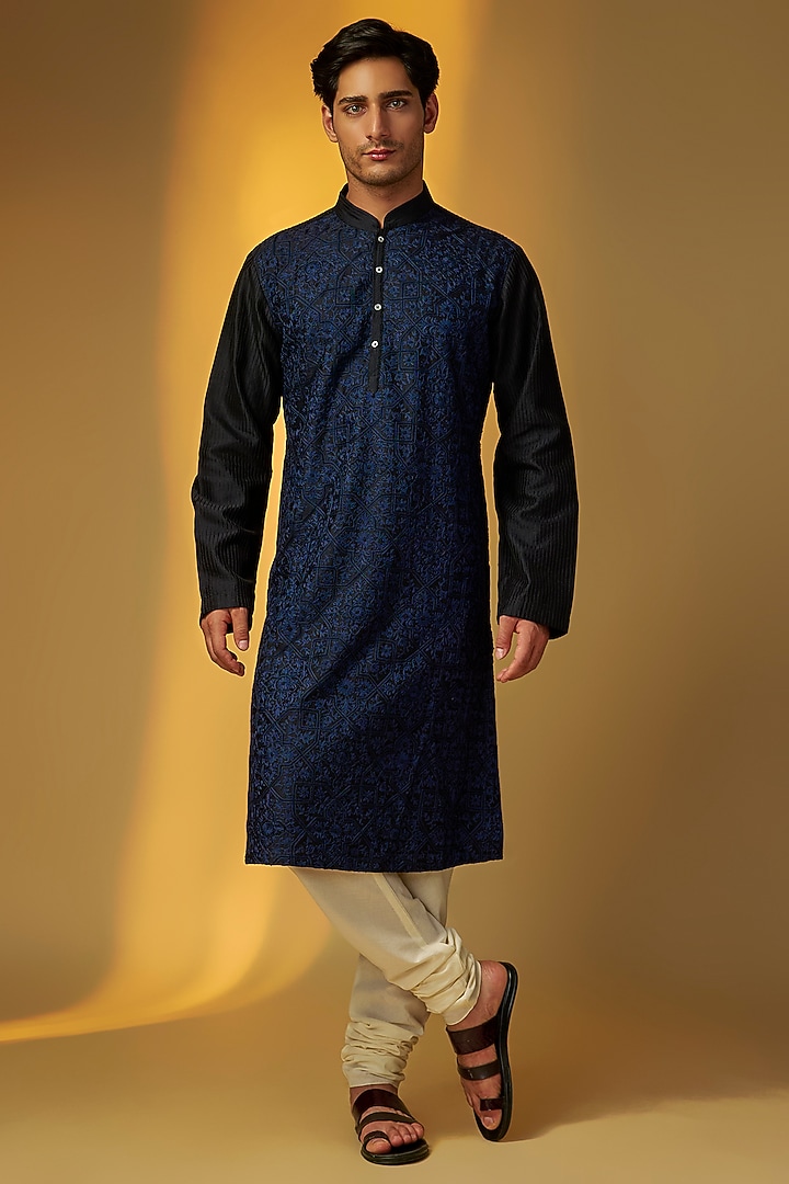 Black Chanderi Kurta Set by Rohit Bal Men at Pernia's Pop Up Shop