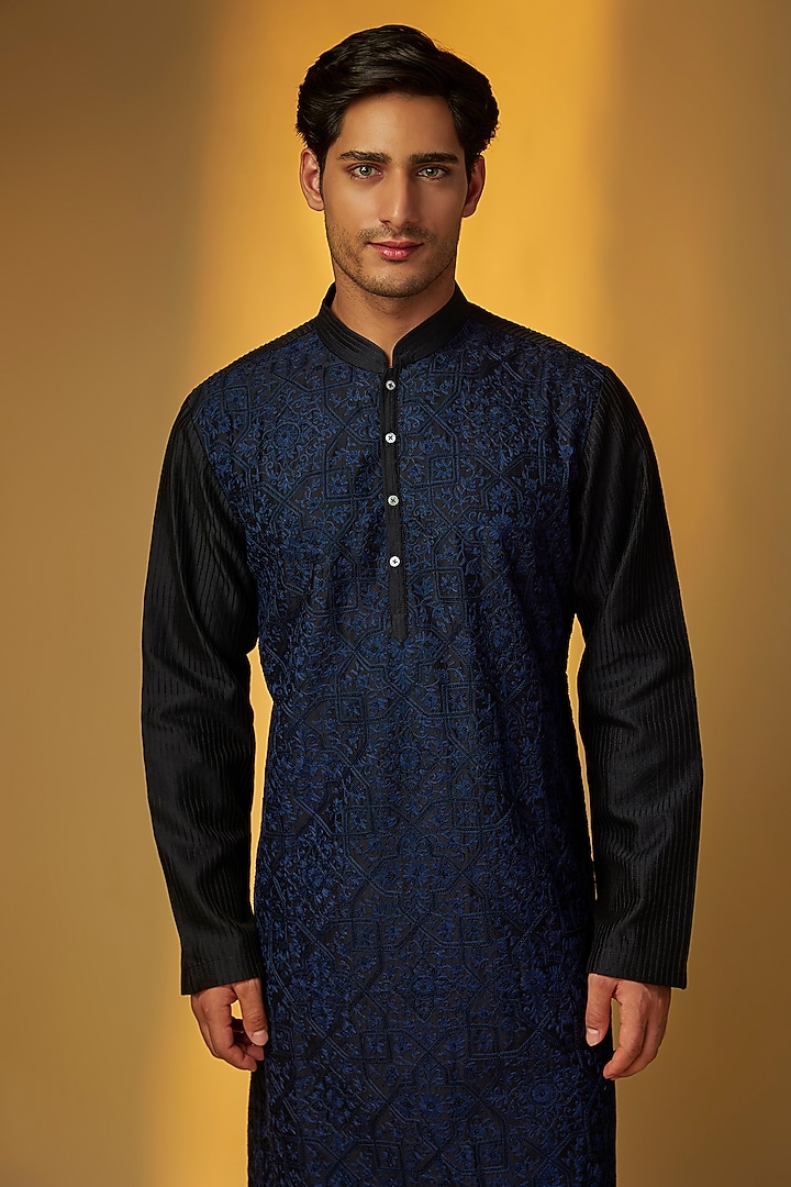 Black Chanderi Kurta Set by Rohit Bal Men at Pernia's Pop Up Shop