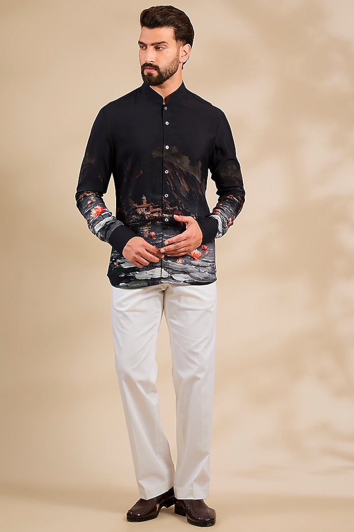 Black Linen Party Wear Shirt by Rohit Bal Men at Pernia's Pop Up Shop