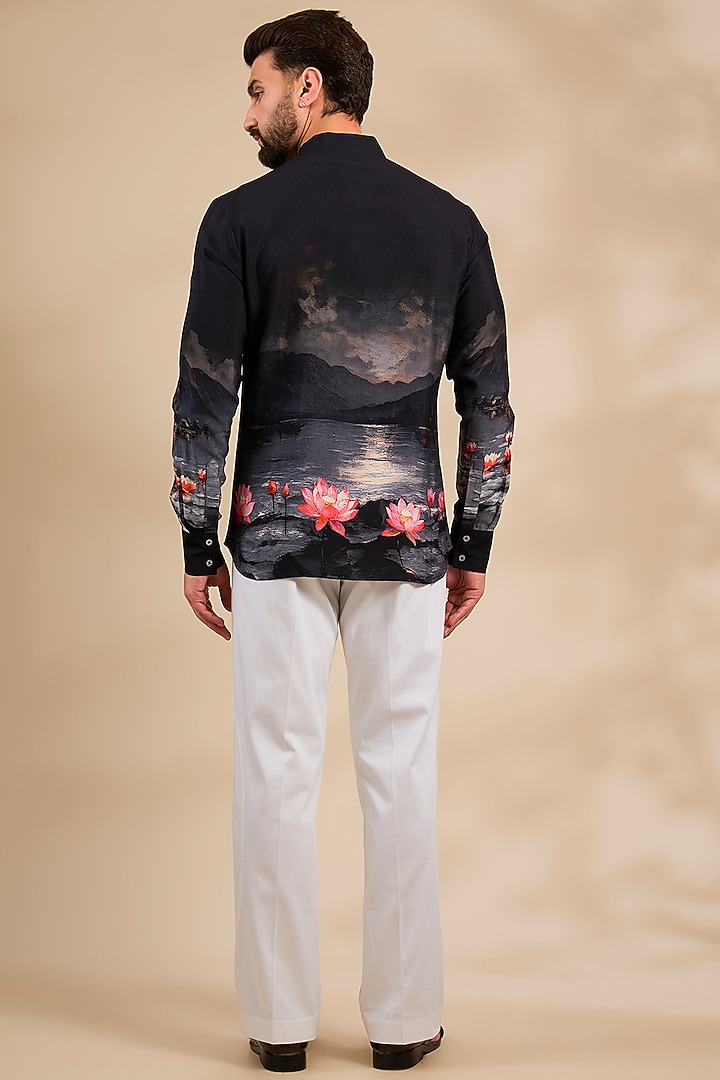 Black Tussar Silk Party Wear Shirt by Rohit Bal Men at Pernia's Pop Up Shop