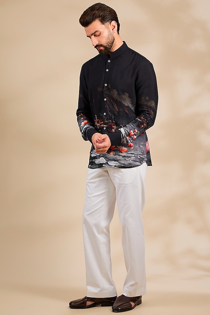 Black Tussar Silk Party Wear Shirt by Rohit Bal Men at Pernia's Pop Up Shop