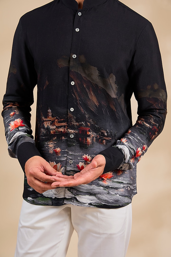 Black Tussar Silk Party Wear Shirt by Rohit Bal Men at Pernia's Pop Up Shop