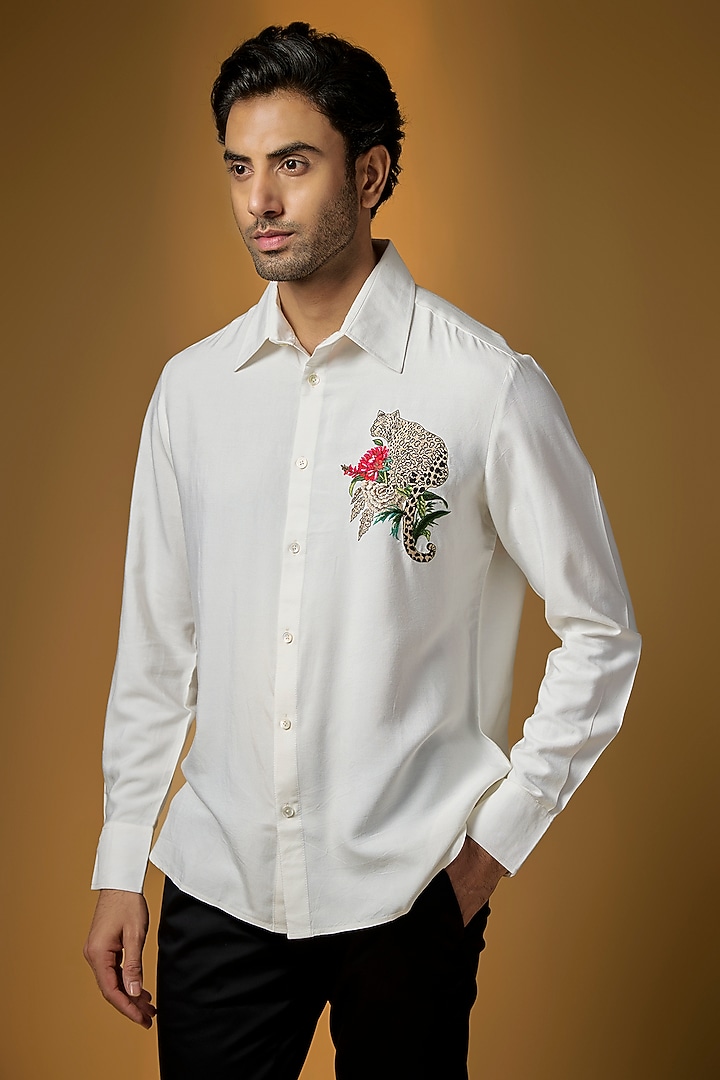 White Poplin Party Wear Shirt by Rohit Bal Men at Pernia's Pop Up Shop