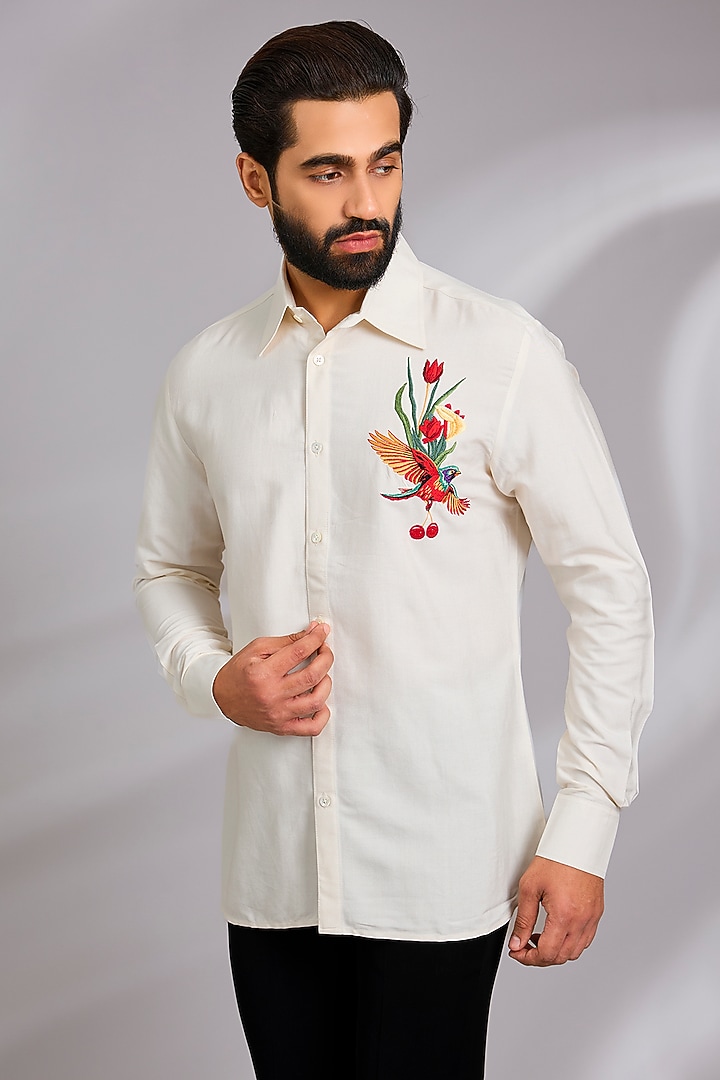 Ivory Poplin Party Wear Shirt by Rohit Bal Men at Pernia's Pop Up Shop