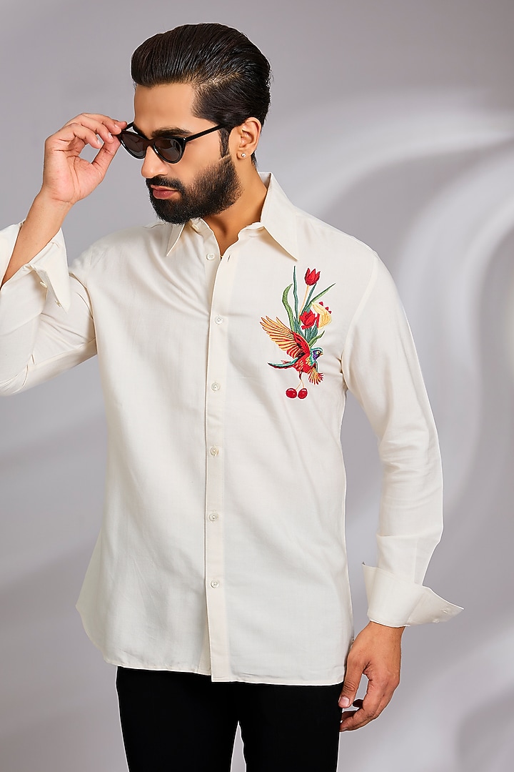 Ivory Poplin Party Wear Shirt by Rohit Bal Men at Pernia's Pop Up Shop