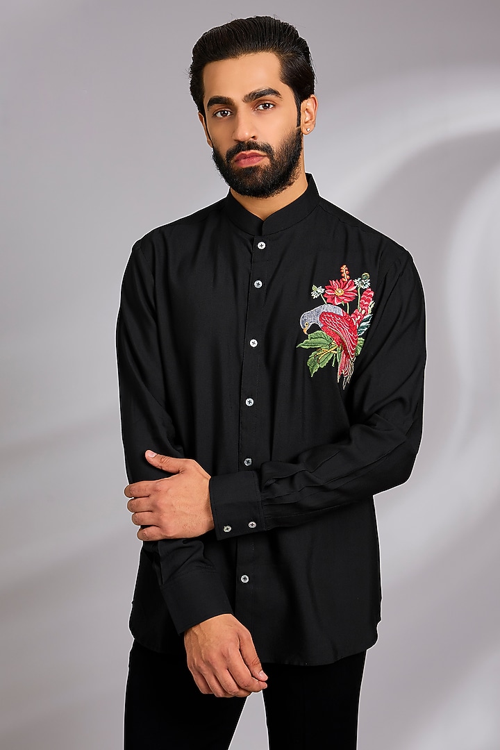Black Poplin Party Wear Shirt by Rohit Bal Men at Pernia's Pop Up Shop