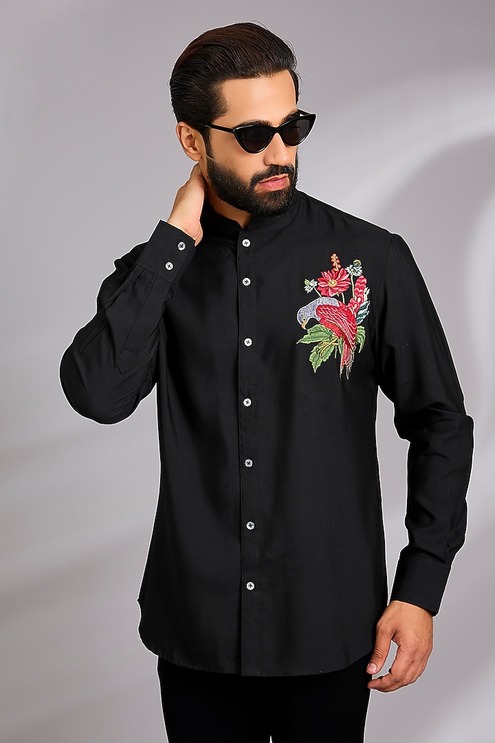 Black Poplin Party Wear Shirt by Rohit Bal Men at Pernia's Pop Up Shop
