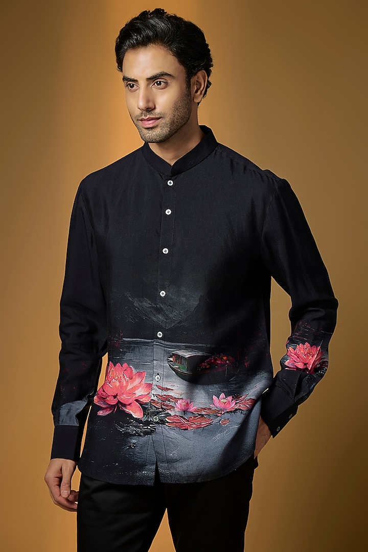 Black Poplin Party Wear Shirt by Rohit Bal Men at Pernia's Pop Up Shop