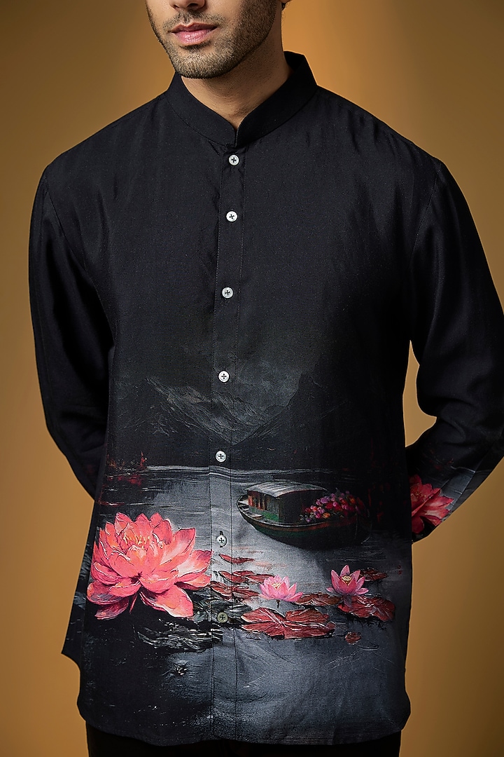 Black Poplin Party Wear Shirt by Rohit Bal Men at Pernia's Pop Up Shop
