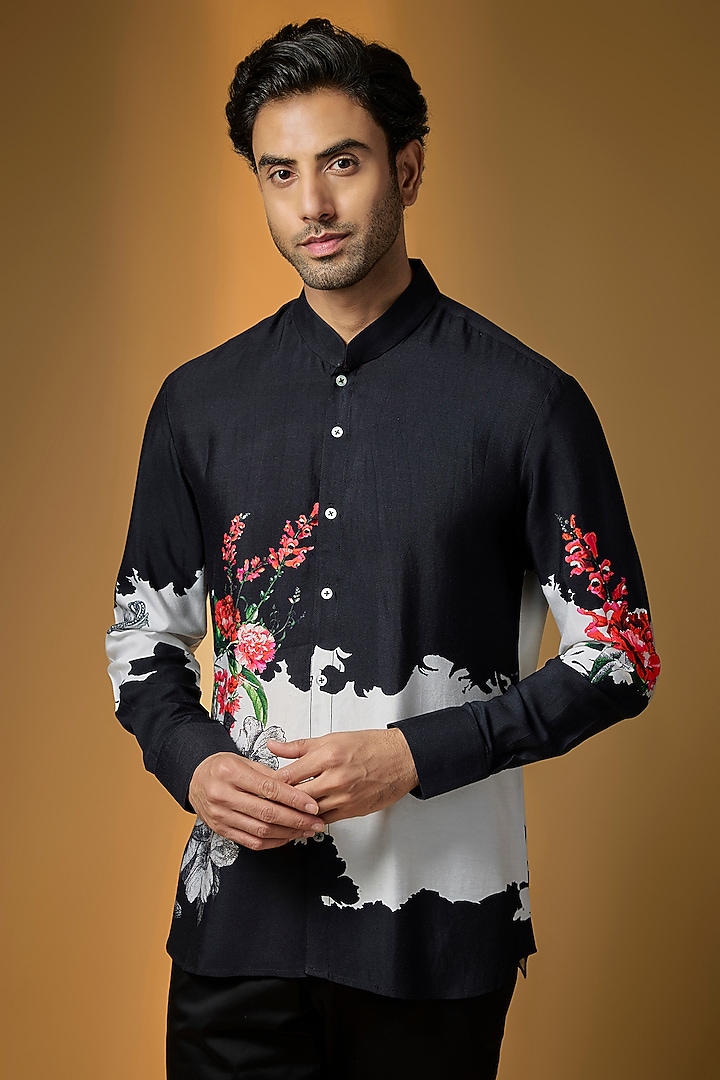 Black Poplin Party Wear Shirt by Rohit Bal Men at Pernia's Pop Up Shop