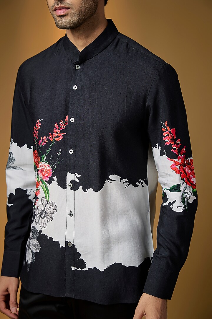 Black Poplin Party Wear Shirt by Rohit Bal Men at Pernia's Pop Up Shop