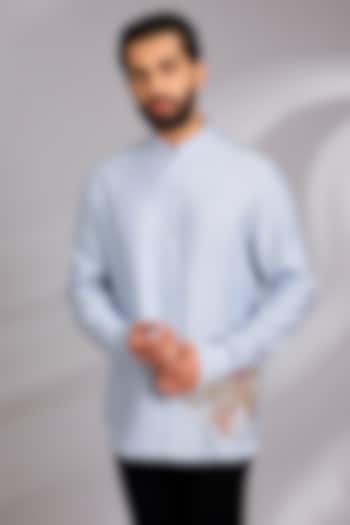 Blue Poplin Wedding Shirt by Rohit Bal Men at Pernia's Pop Up Shop