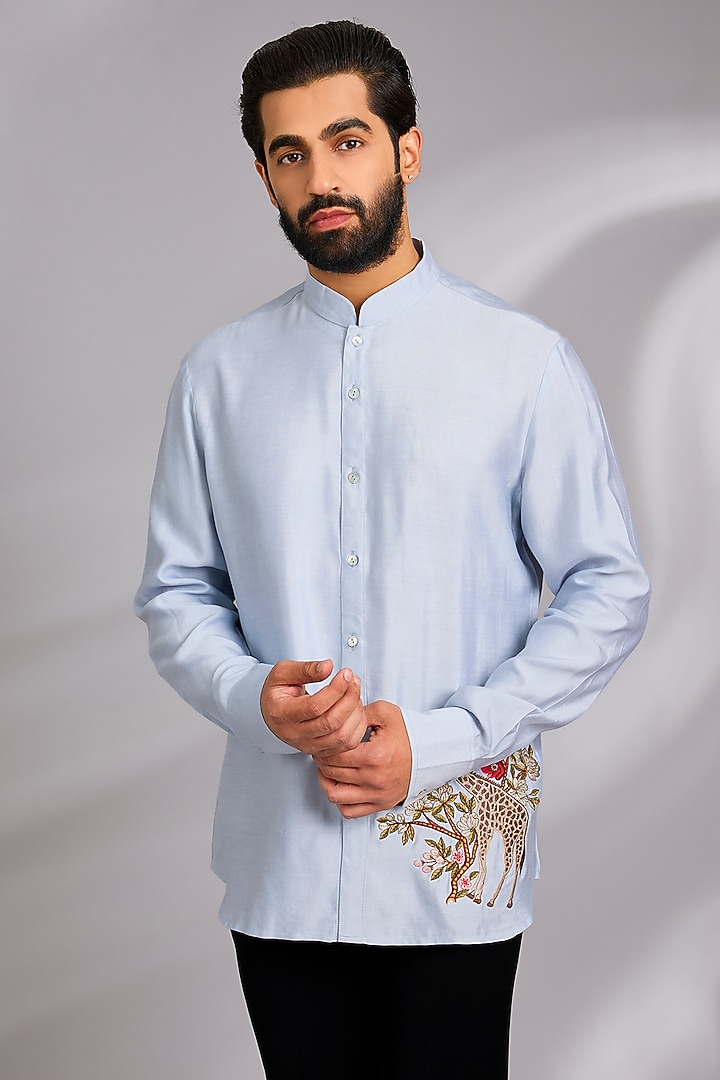 Blue Poplin Wedding Shirt by Rohit Bal Men at Pernia's Pop Up Shop