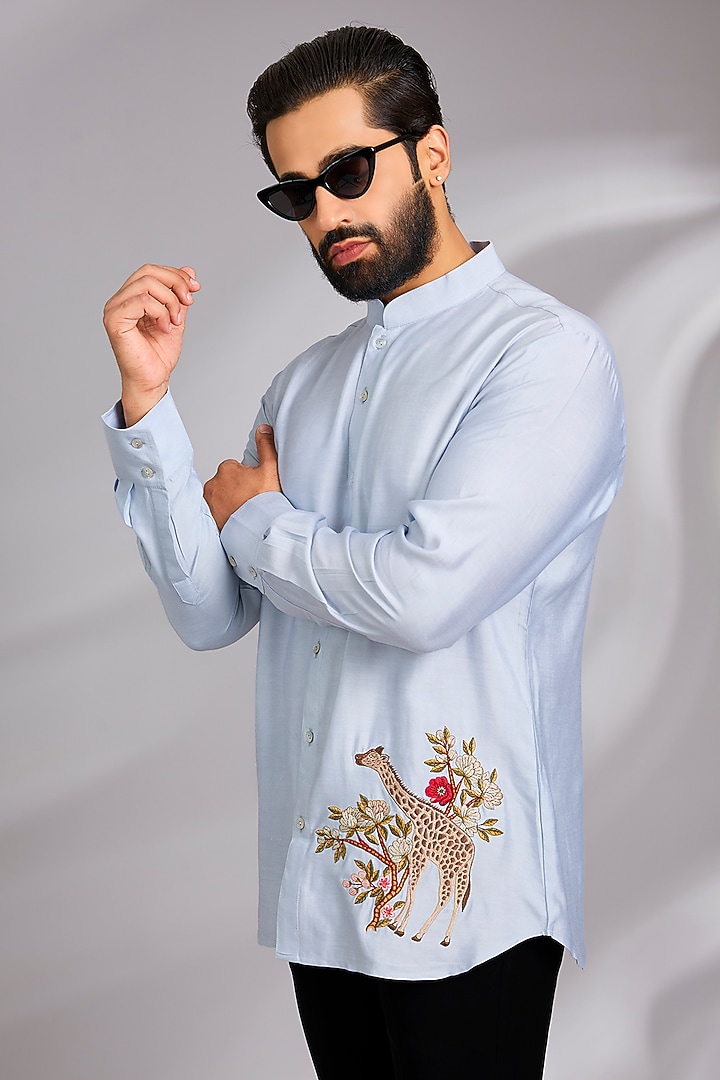 Blue Poplin Wedding Shirt by Rohit Bal Men at Pernia's Pop Up Shop