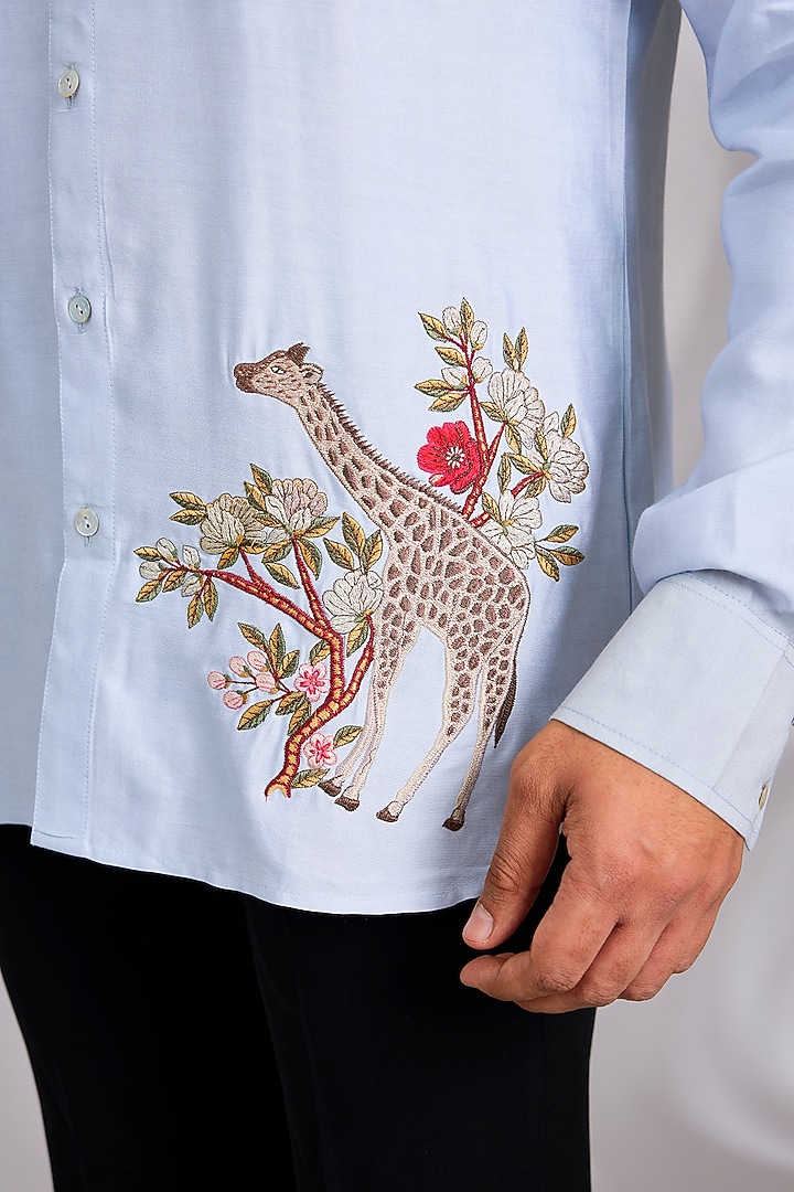 Blue Poplin Wedding Shirt by Rohit Bal Men at Pernia's Pop Up Shop